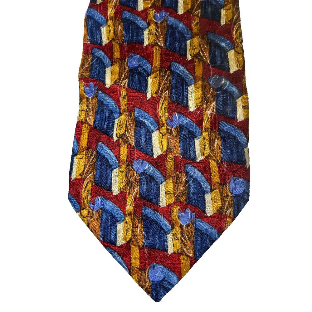 Ermenegildo Zegna Tie Disegno Esclusivo Foulard Blue Red Brown Floral‎ Geometric